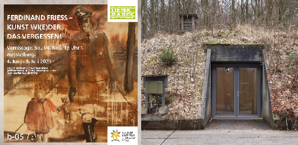 Links: Plakat fr "Kunst wi(e)der das Vergessen" / Rechts: Eingang einer der Ausstellungsbunker( Quelle: b-05 Kunst-Kultur-Natur e.V.)