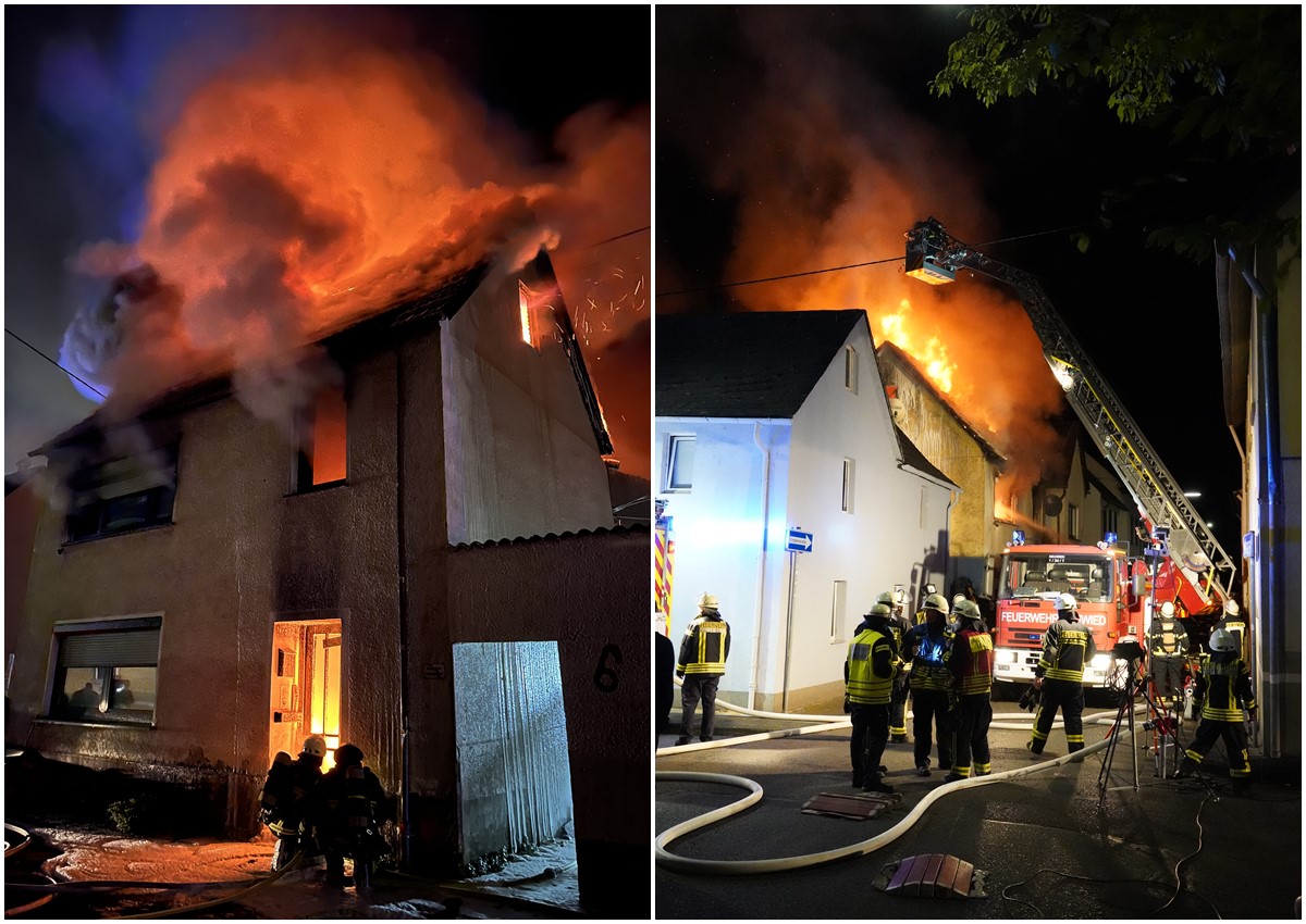 Das betroffene Wohnhaus im Engerser Stadtkern wurde vllig zerstrt, es stand bei Eintreffen der Feuerwehr bereits in hellen Flammen. (Foto links: Feuerwehr Stadt Neuwied / Foto rechts: Uwe Schumann)