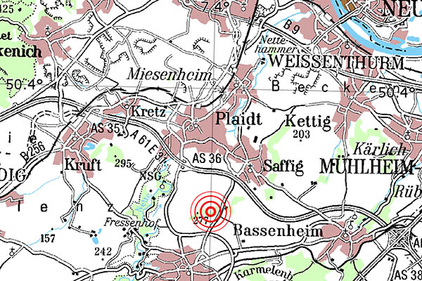 Zentrum des Bebens. Karte: Landesamt fr Geologie und Bergbau Rheinland-Pfalz