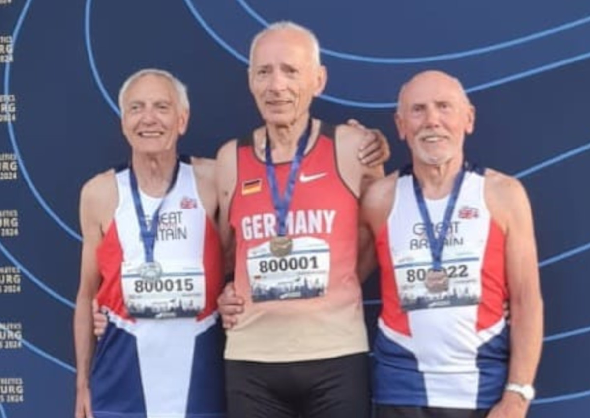 Goldmedaille und WM Titel fr Friedhelm Adorf (Team Germany, Mitte) direkt am ersten Wettkampftag ber 100m in 14,88 Sekunden. (Foto: Wolfgang Custodis)
