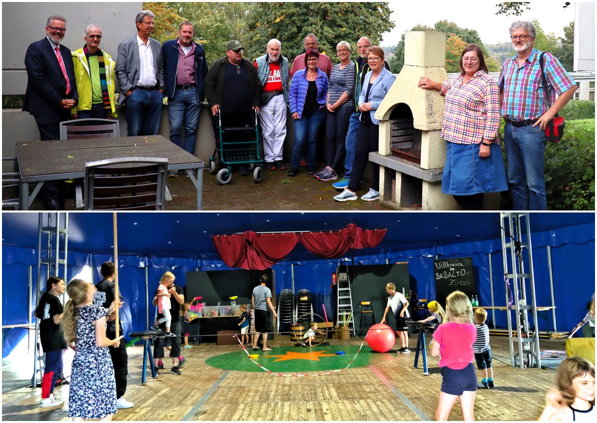 Bei einem Rundgang (oberes Foto) konnten sich die offiziellen Besucher von den Angeboten des Familienferiendorfes berzeugen. Dazu gehrt auch ein Kinderzirkus (unteres Foto). (Fotos: FFD Hbingen)