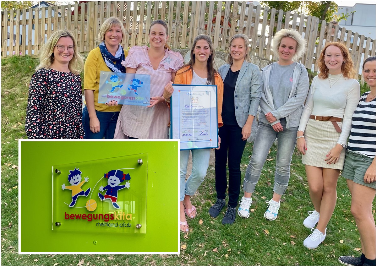 Groe Freude in der Kita Sonnenschein bei der bergabe des Qualittssiegels (von links): Johanna Weyand (Verbandsgemeindeverwaltung Montabaur), Susanne Balmes und Bianca Kipfstuhl (Leitungsteam der Kita), Michle Bthe (Erzieherin), Janka Heller (BAG), Nadine Wolf, Vanessa Wagner, Maria Jatho (Erzieherinnen). (Foto: Verena Reichelt / Kita Sonnenschein)