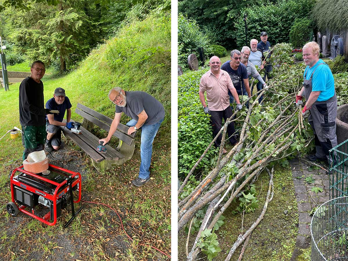 Die Rentner bei ihren letzten Einstzen: Sie entfernen einen umgestrzten Baum auf dem Waldfriedhof, pflegen einen Wanderweg und schleifen und streichen Ruhebnke. (Fotos: Rudolf Boden)