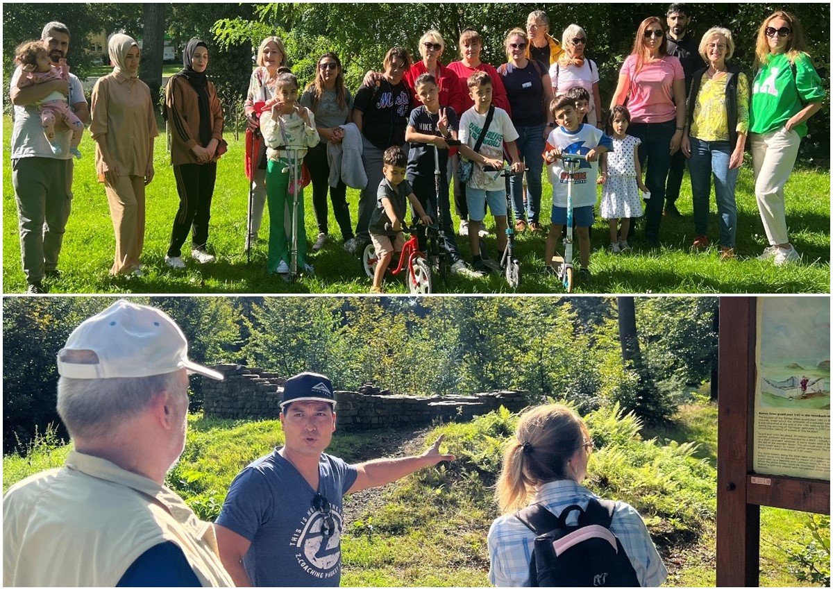 Die international besetzte Wandergruppe erfreut sich an der schnen Strecke entlang der Wied. (Oberes Foto: Thomas Kurtz) Wanderfhrer Conrad Lunar (2. von links) erlutert die Bauweise des rmischen Limes Wachtpostens 1/43 im Heimbach-Weiser Wald. (Unteres Foto: Dilorom Jacka)