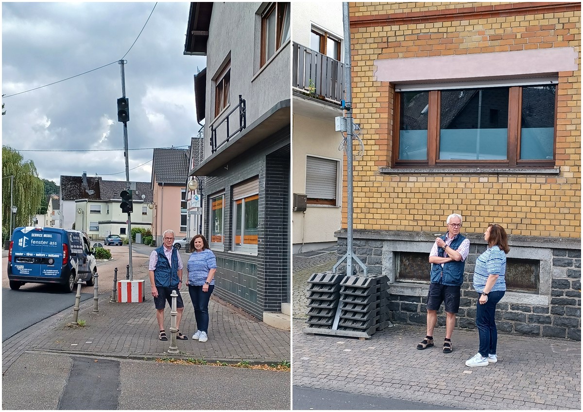 Ortsbrgermeisterin Carmen Diedenhoven und der Ortsbeigeordnete Ulrich Neuroth an der neu aufgestellten Ampel an der Hauptstrae in Niederelbert. Etwa achtzig Meter vor der Ampel sind in einer Hhe von 3,10 Metern die Detektoren angebracht, die die Hhe der durchfahrenden Fahrzeuge messen. (Fotos: VG Montabaur / Christina Wei)