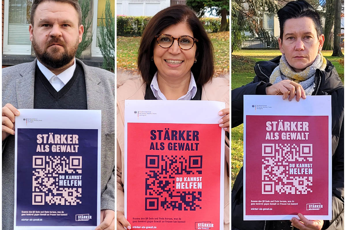 Brgermeister Mohr, Beigeordnete Zeynep Begen und die Vorsitzende des Personalrates der Stadtverwaltung Bendorf, Ines Lindemann-Gnther, untersttzen die Initiative Strker als Gewalt. Foto: Stadt Bendorf 