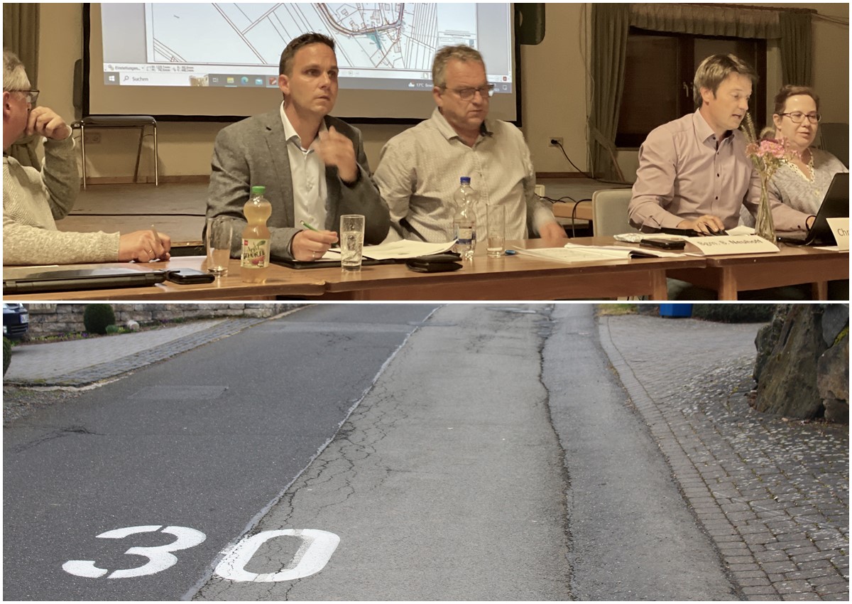 Christian Hachenburg (Foto oben, rechts) stellte die derzeitigen Planungen zum Ausbau der Tannenstrae im Ortsteil Brunken (Foto unten) vor. Daneben von links: Matthias Grohs und Berno Neuhoff. (Fotos: Katharina Behner)