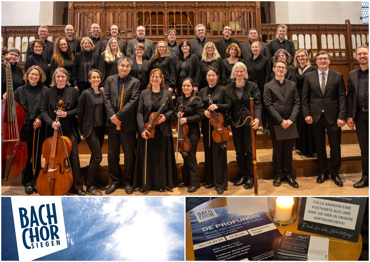 Collegium vocale Siegen, Frankfurter Barocksolisten, Kantor Peter Scholl (groes Foto). In der "Hoffnungsbox" knnen die Teilnehmenden ihre ausgefllten Postkarten einwerfen. (unten rechts). (Fotos: Bach-Chor Siegen)