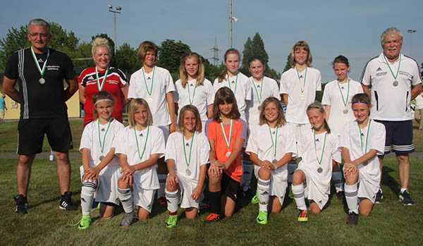 Das erfolgreiche Westerwald/Sieg-Team (stehend v.l.): Co-Trainer Bayram Biyikli, Betreuerin Steffi Hannemann, Marie Fischer, Denise Krmer, Marla Bruckhoff, Linea Claesgens, Maren Knautz, Kira Schmidt und Trainer Gnter Bauschert 
(knieend v.l.): Laetitia Theis, Melina Weidenfeller, Lilith Schmidt, Kim Fischer, Feli Gateau, Lina Meyer und Helena Frensch. Es fehlt: Jule Daub. Foto: FVR
