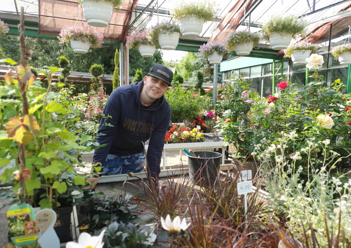 Erste Schritte hin zum Budget fr Arbeit: Ein Viweca-Teilnehmer reinigt die Verkaufsflchen in einem Westerburger Gartencenter, damit die Pflanzen ansprechend prsentiert werden. (Foto: Dagmar Theis)