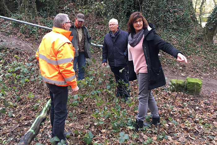 Da kommt sie hin: Naturpark-Geschftsfhrerin Irmgard Schrer, Stadtbrgermeister Gerhard Hausen, Landschaftsbauer Oliver Labonde und Rolf Hilger vom Fachbereich Infrastruktur der Verbandsgemeindeverwaltung am Eingang des Hhnerbachtals. Foto: Thomas Herschbach