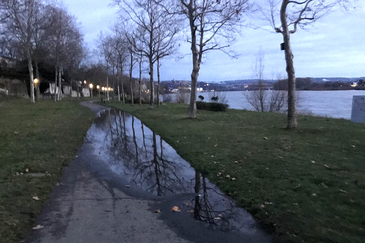 Fuweg am Rhein bei Platzregen berschwemmt
