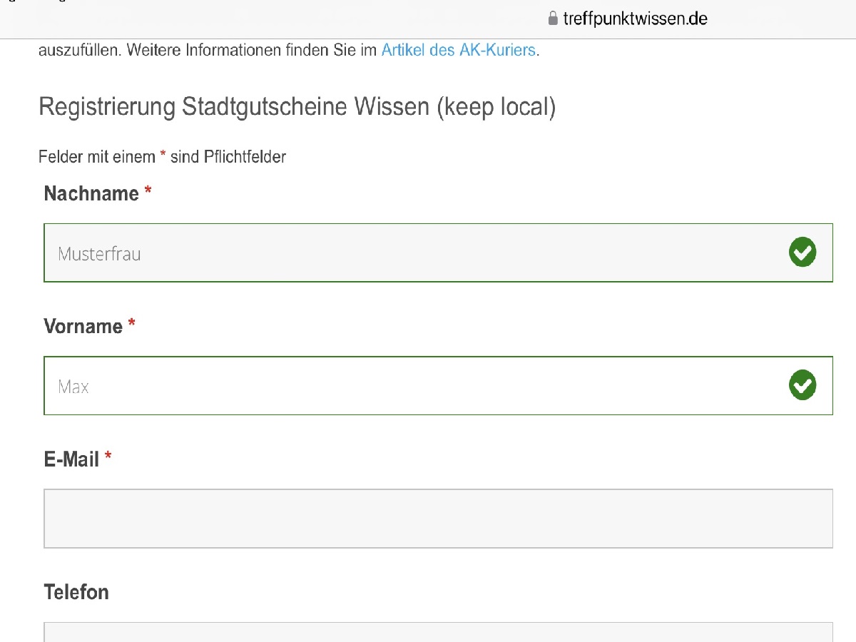 Registrierungsseite im Web (Quelle: Treffpunkt Wissen)