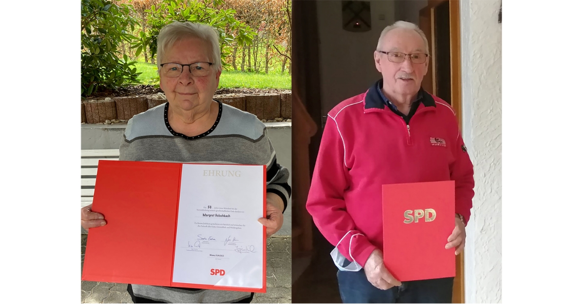 Jeweils schon seit 50 Jahren halten sie der SPD die Treue: Rainer Zeiler aus Hvels und Magret Holschbach aus Schnstein erhielten nun vom Ortsvereins-Vorsitzenden Jrgen Linke jeweils eine Urkunde und das goldene Ehrenzeichen der Sozialdemokratie. (Fotos: SPD Wisserland) 