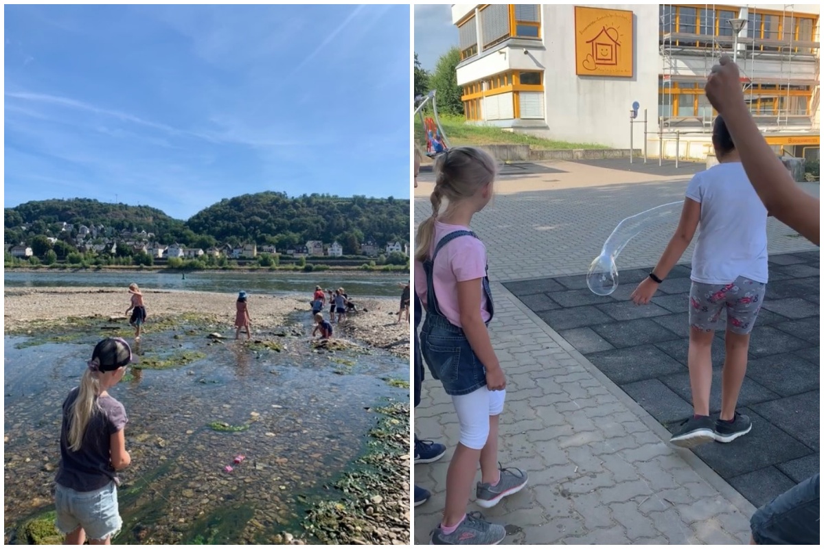 Die Kinder lassen ihre Korkbtchen an der Ahrmndung zu Wasser. (Foto: Familienbildungssttte Linz)