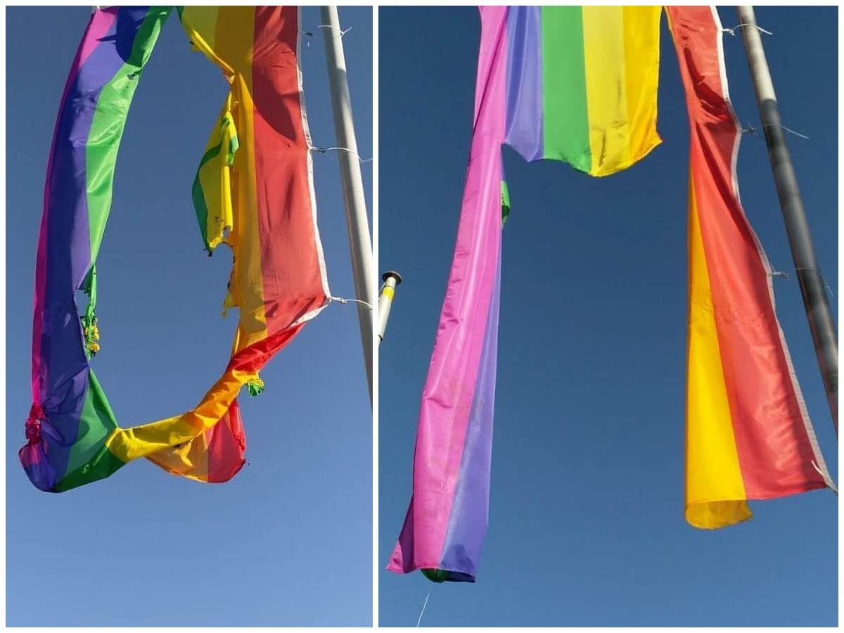 Am letzten Wochenende wurden die Regenbogenflaggen auf dem Parkplatz des Rewe-Markts in Scheuerfeld zerrissen und versucht anzuznden. Der Geschftsfhrer hofft nun auf die Einsicht des Tters beziehungsweise der Tter. (Fotos: Facebook-Seite Rewe-Mockenhaupt)