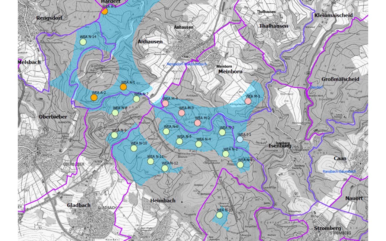 Die Potenzialanalyse zeigt mgliche Standorte im Heimbach-Weiser Wald. Grn eingezeichnet: Standorte auf stdtischem Gebiet. (Foto: SWN)
