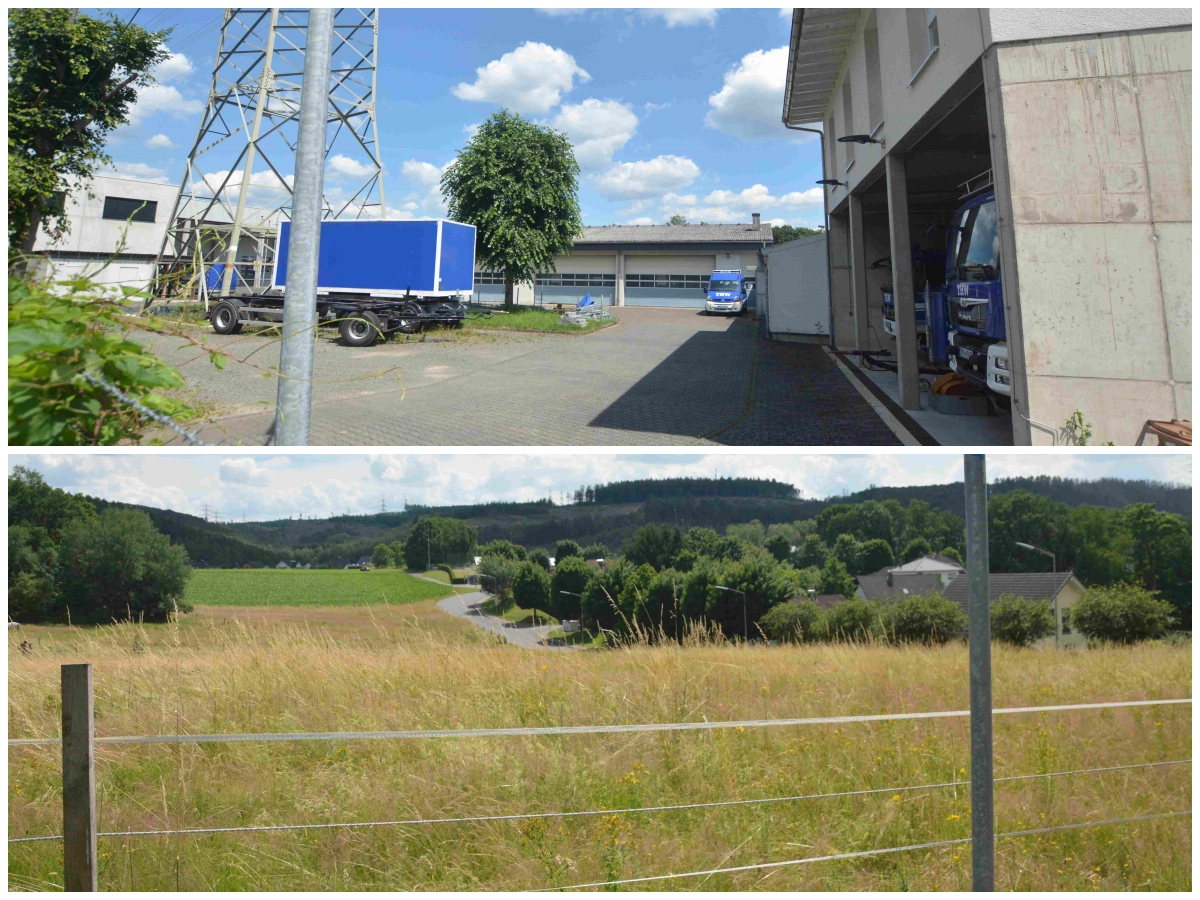 Seit Jahrzehnten ist der THW-Ortsverband Betzdorf an der Industriestrae in Scheuerfeld (oben) beheimatet. Expansionsmig ist hier lngst schon alles ausgeschpft. Der Grnzug zwischen Bruche und Scheuerfeld entlang der Maximilian-Kolbe-Strae (unten): Hinter den Weideflchen mchte das THW sich gerne mit einer neuen Unterkunft auf rund 5500 Quadratmetern (hinten, grne Flche) ansiedeln.  (Fotos: tt)