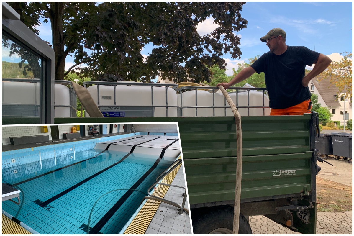 Bauhofleiter Frank Jax berwacht genau das Einleiten des Wassers des Unkeler Hallenbades in die IBC-Container. (Fotos: privat)