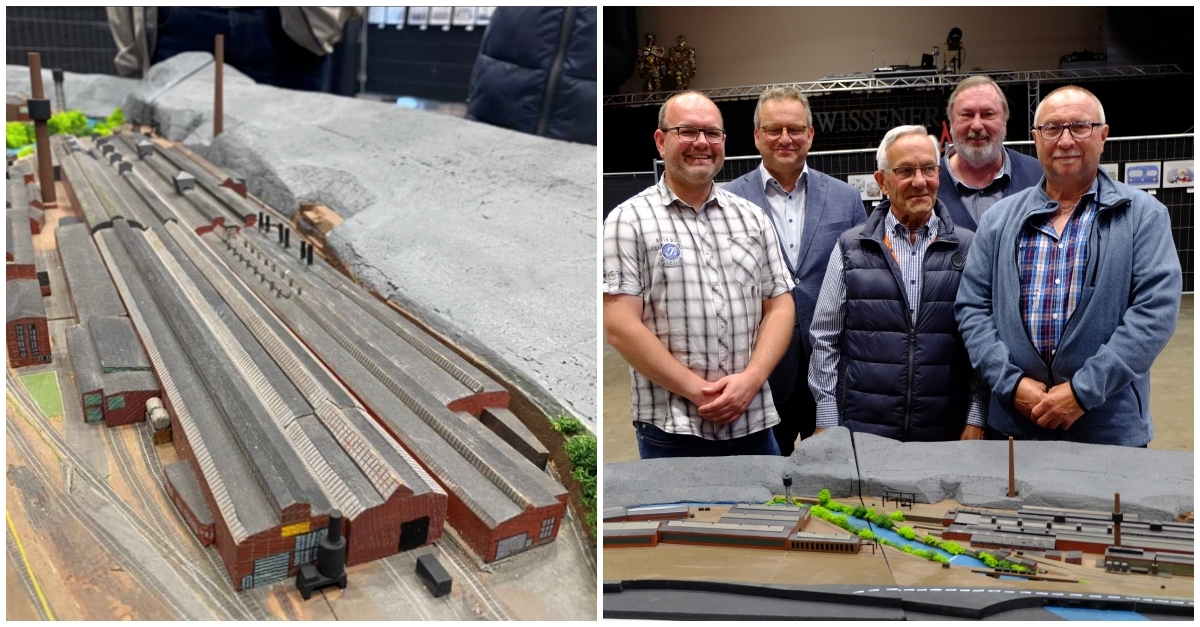 Nach Restauration zurck: das Walzwerk-Modell. Das Foto rechts entstand whrend der bergabe (von links): Dominik Weitershagen, Berno Neuhoff, Horst Rolland, Reiner Braun und Wolfgang Mller (Fotos: KathaBe) 